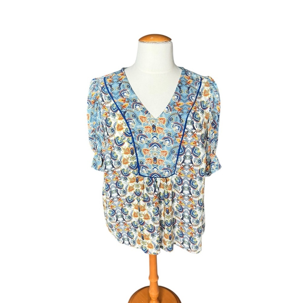 Rose + Olive Blue Paisley Floral Boho Peasant Top 1X Z20